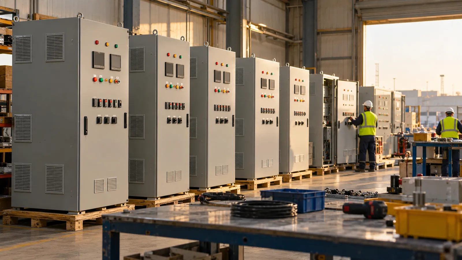 Finished APFC panels in the Dammam workshop of Saudi Power Factor Company